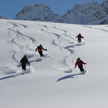 Unweit vom mondänen St. Moritz ist Pontresina, ein hübsches, natürliches Bergdorf geblieben. Vom traditionellen Hotel Engadinerhof mit viel liebevollem Charme und feiner Küche nutzen wir täglich die 55 Liftanlagen, die das einmalig schöne Hochtal und seine Berge erschliessen. Mit seinen 1800 m ü.M. gelegen und Skiberge bis rund 3000 m lassen sich hier mit unserem Bergführer unzählige Abfahrten und Höhemeter geniessen.