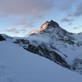 Über den Nollen (Nordwand) auf den Mönch durch Schnee und Eis.
Was für eine schöne Route durch die Mönch-Nordwand! Der Nollen kann je nach Verhältnissen sehr steil sein, mit eindrücklichem Tiefblick.